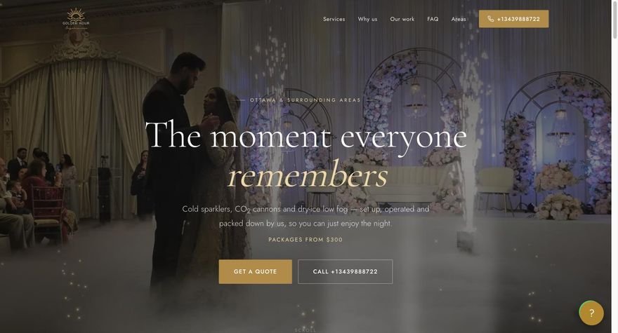 Golden Hour Experiences website — cold sparklers and CO2 cannons for Ottawa weddings
