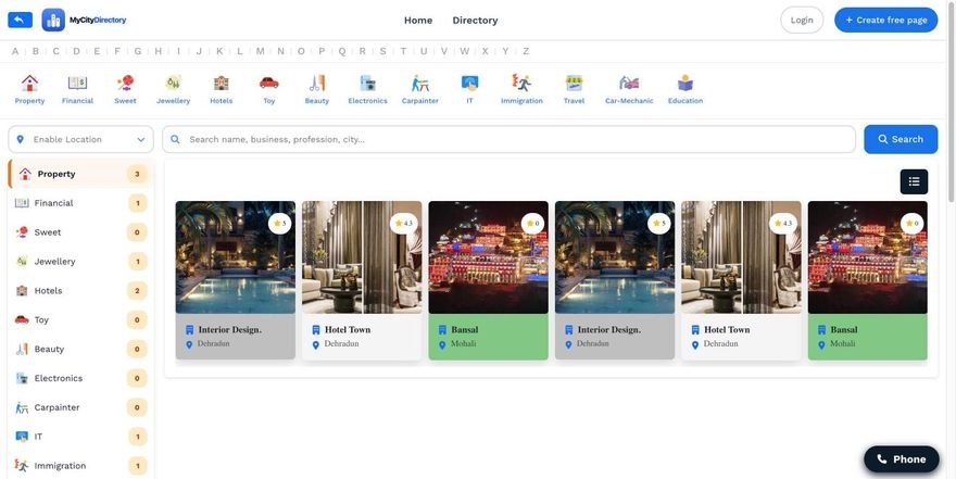 MyCityDirectory website — searchable multi-city business directory with 17 categories